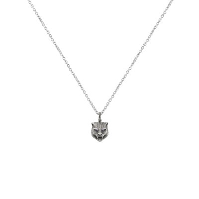 GUCCI ANGER FOREST FELINE HEAD DARK FINISH SILVER NECKLACE 523418